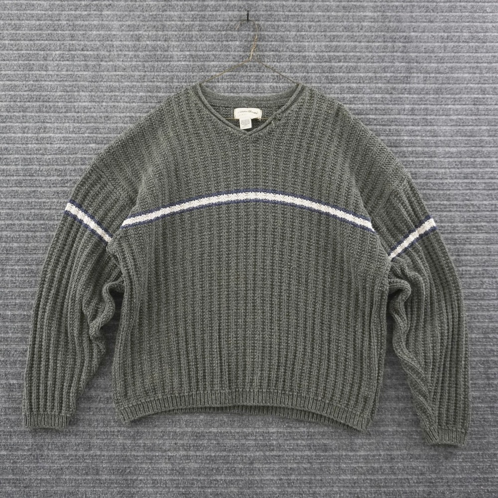 Vintage 90s Eddie Bauer Sweater Mens XL Green Ribbed Knit Stripe V-Neck USA Made